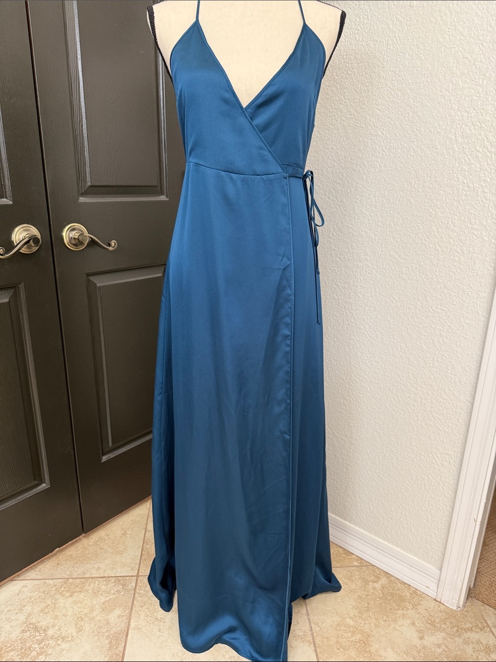 Cotton Candy Teal Satin Wrap Maxi Dress